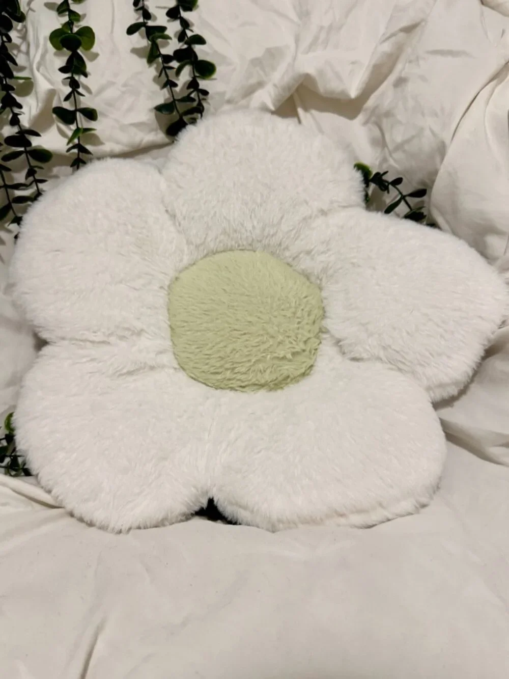 Plush Off-White & Sage Green Daisy Flower Accent Throw Pillow 15”
